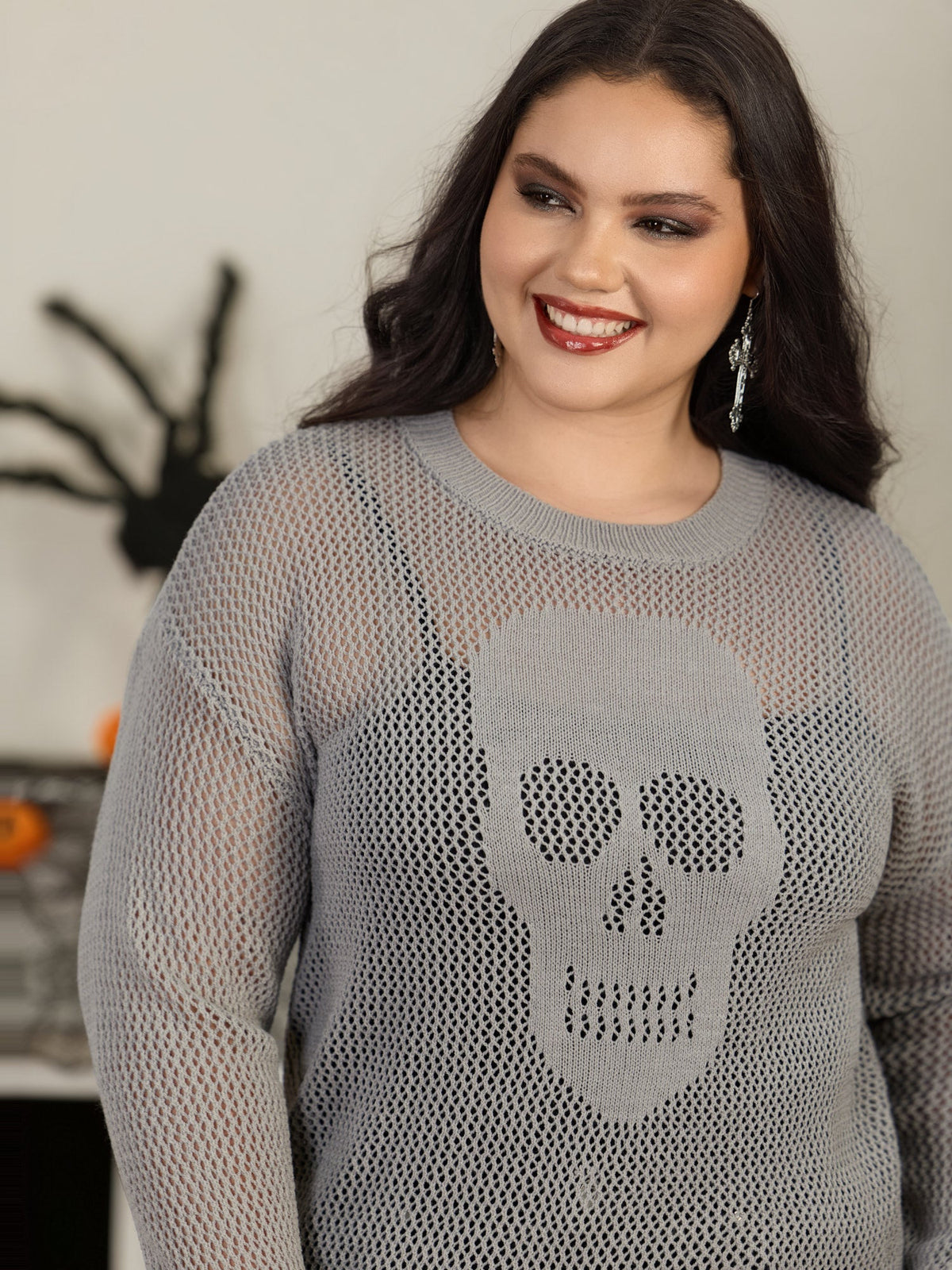 Sheer Skull Hollow‑Out Jacquard Crew Neck Pullover
