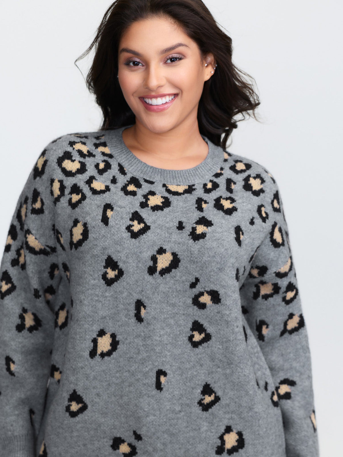 Leopard Pattern Jacquard Ribbed Hem Pullover