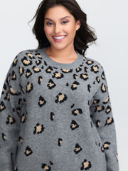 Leopard Pattern Jacquard Ribbed Hem Pullover