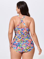 Colorful Floral Print Cut-Out One-Piece Swim