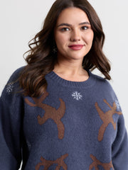Reindeer Snowy Round Neck Pullover