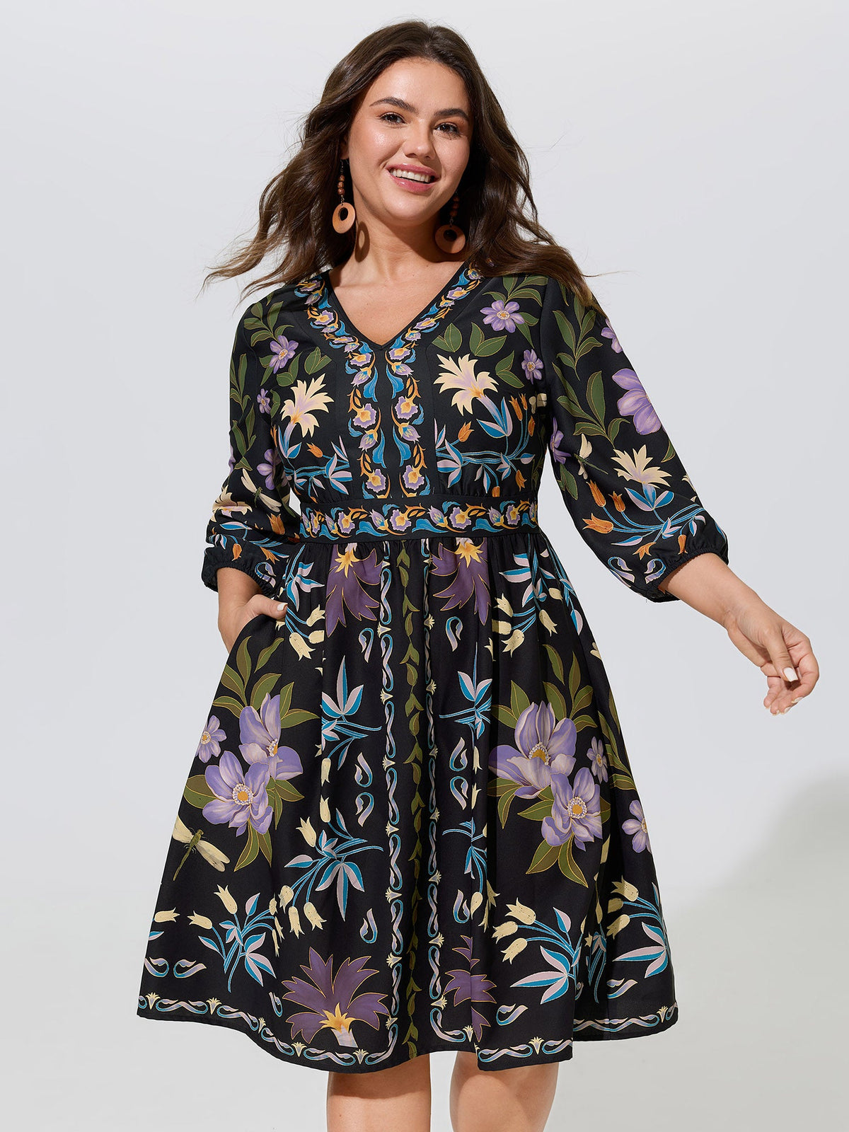 Boho Print V-Neck Pockets Mini Dress