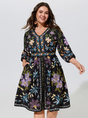Boho Print V-Neck Pockets Mini Dress