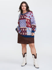 Retro Pattern Jacquard Color Block Pullover