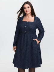 Textured Square Neckline Button Midi Dress