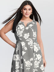 Striped Floral Print Notched Collar Midi Dress