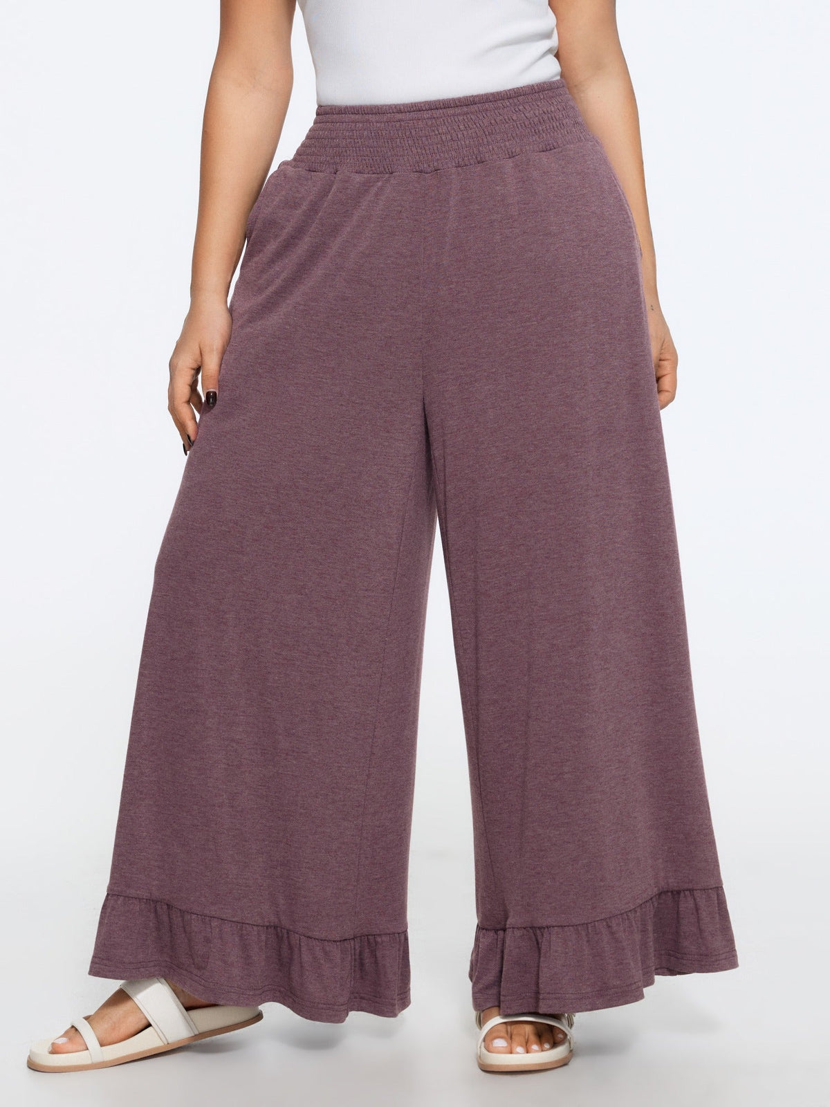 Supersoft Elastic Waist Ruffle Hem Wide Leg Pants
