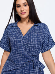 Geometric Print Wrap Side Tie Midi Dress