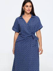 Geometric Print Wrap Side Tie Midi Dress