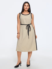 Linen Blend Tie Waist Contrast Trim Sleeveless Midi Dress