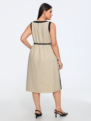 Linen Blend Tie Waist Contrast Trim Sleeveless Midi Dress