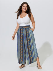 Boho Print Shirred Waist Wide-Leg Pants