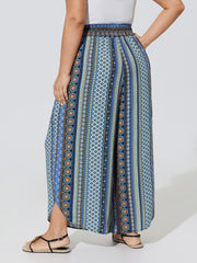 Boho Print Shirred Waist Wide-Leg Pants