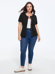 Textured Crew Neck Mixed Button Short Sleeve Cardigan