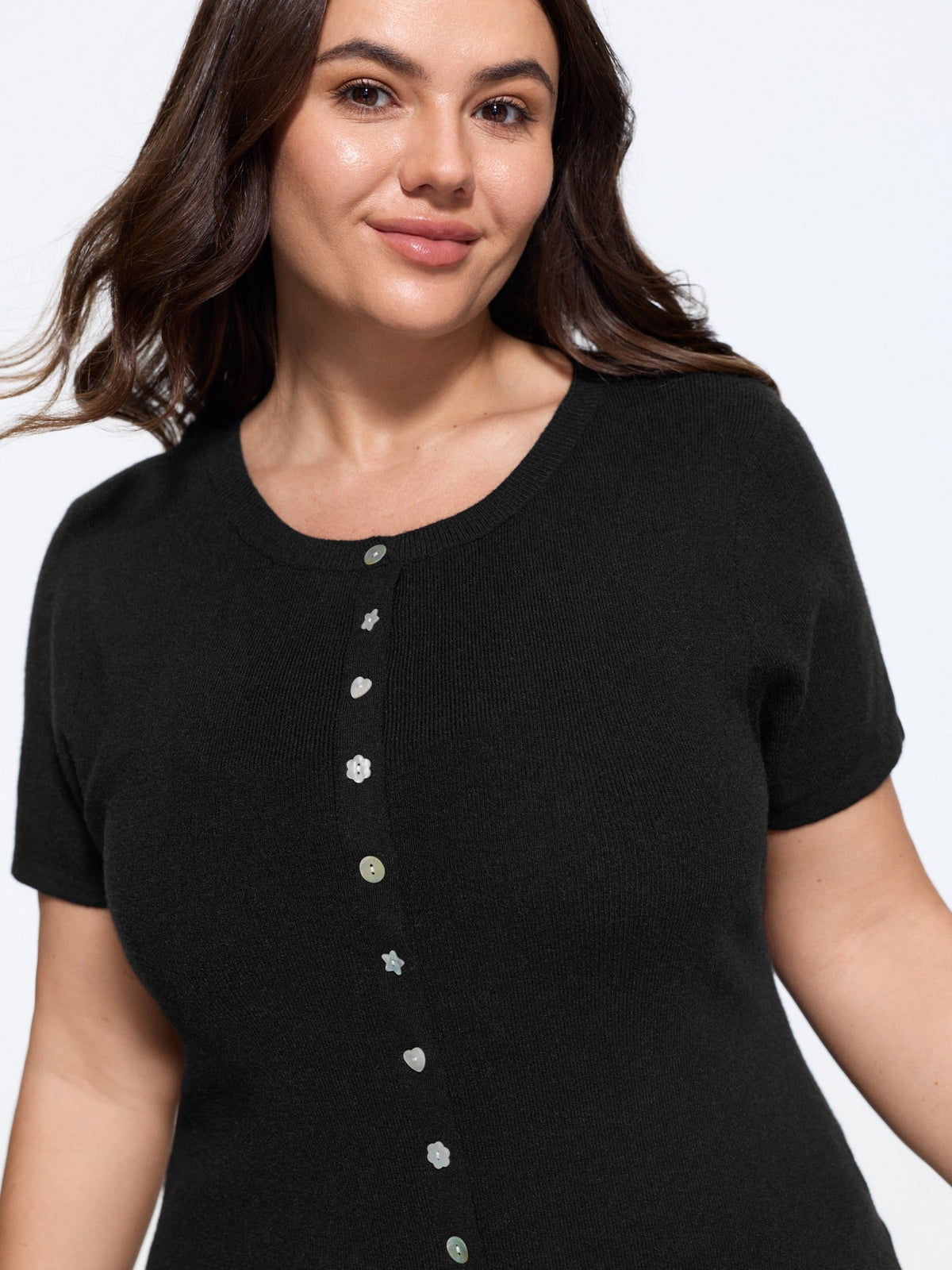 Textured Crew Neck Mixed Button Short Sleeve Cardigan