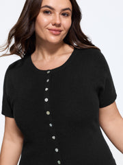 Textured Crew Neck Mixed Button Short Sleeve Cardigan