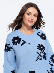 Floral Jacquard Crew Neck Loose Pullover