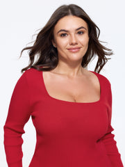 Stretchy Square Neck Ribbed Long Sleeve Pullover