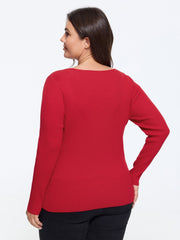 Stretchy Square Neck Ribbed Long Sleeve Pullover