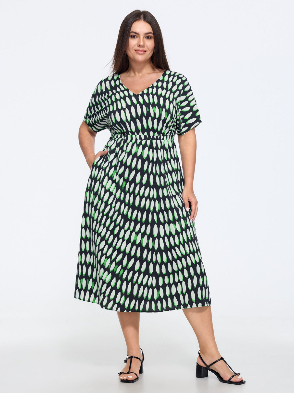 Ellipse Polka Dot Print Ruched Waist Midi Dress