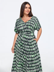 Ellipse Polka Dot Print Ruched Waist Midi Dress