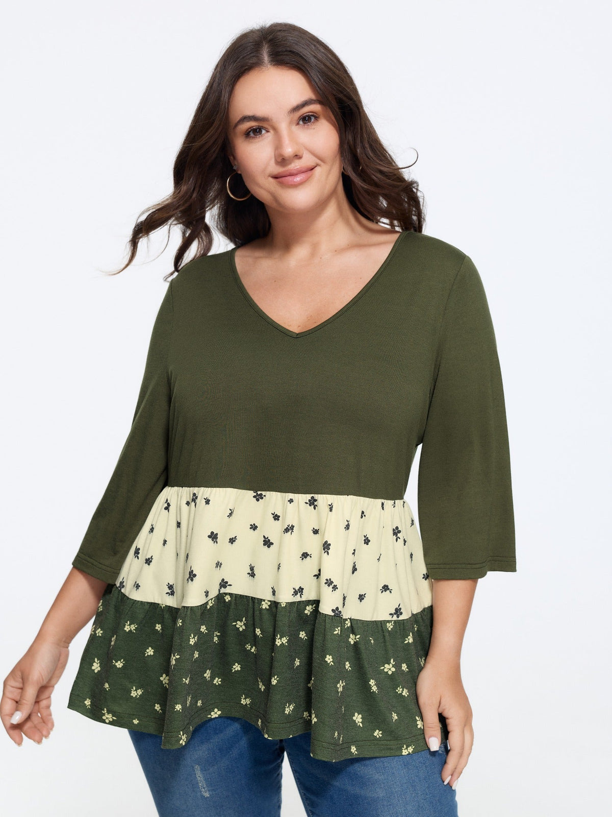 Stretch V-Neck Floral Print Tiered Ruffle Top
