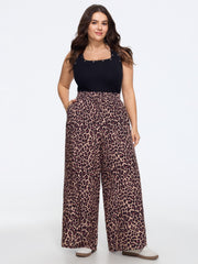Leopard Print Elastic Waist Wide Leg Pants