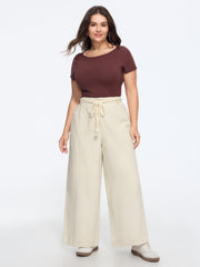Solid Braided Tassel Drawstring Waist Wide Leg Pants