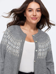 Crew Neck Nordic Jacquard Button Front Cardigan