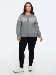 Crew Neck Nordic Jacquard Button Front Cardigan