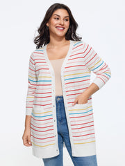 Multi‑Color Striped Patch Pockets Cardigan