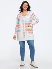 Multi‑Color Striped Patch Pockets Cardigan
