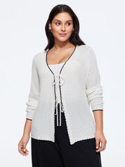Scalloped Contrast Trim Tie‑Front Cut Out Cardigan