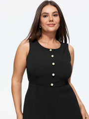 Round Neck Button Detail Ruffle Hem Mini Dress