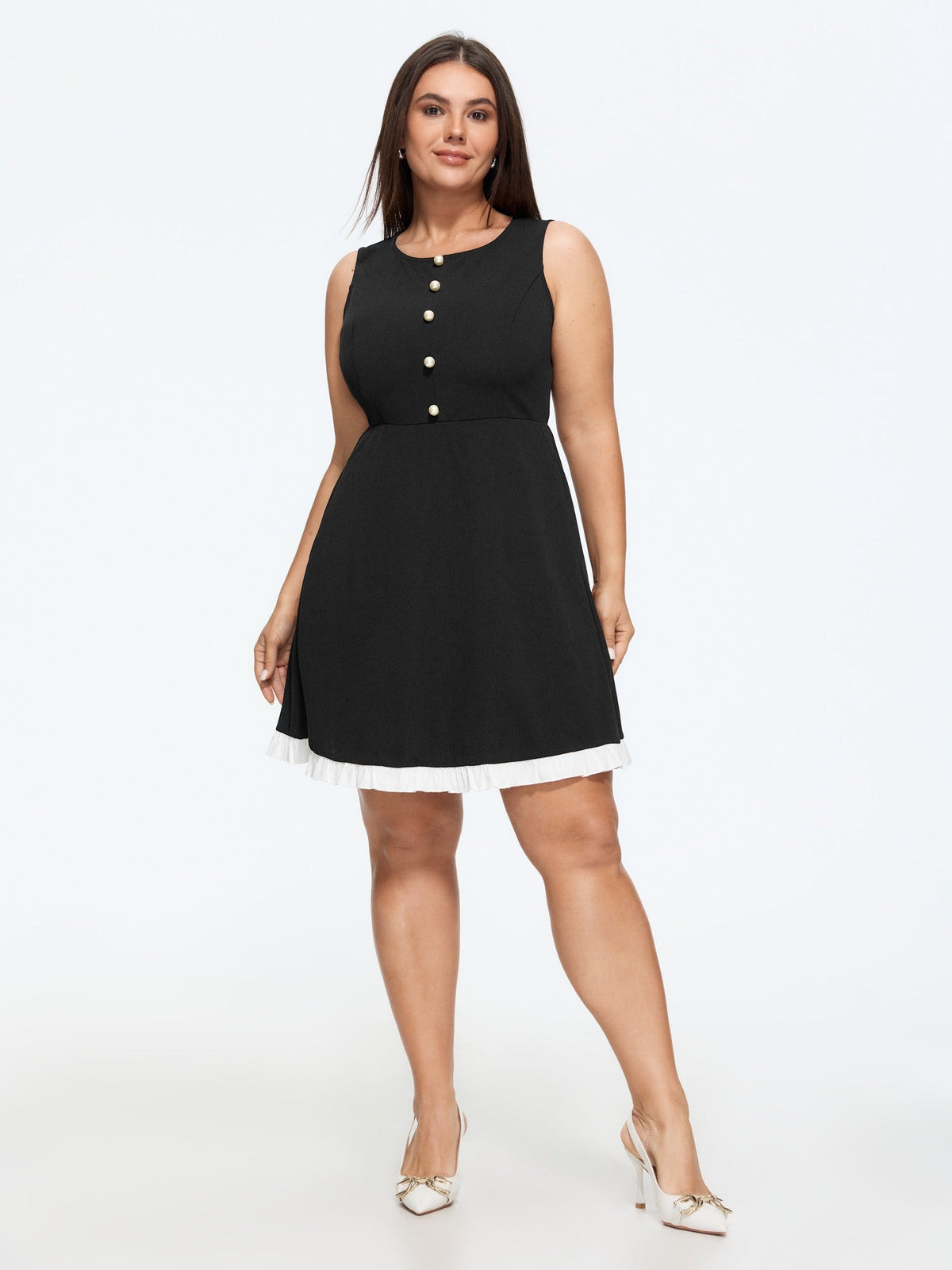 Round Neck Button Detail Ruffle Hem Mini Dress