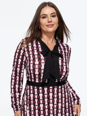 Geometric Print Bow Tie Neck Midi Dress