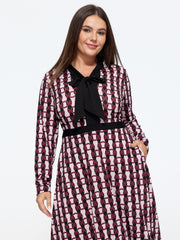 Geometric Print Bow Tie Neck Midi Dress
