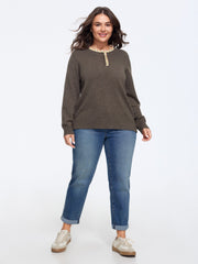Supersoft Floral Ruffle Trim Half Button Pullover