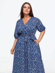 Spot Print Waist Tie Midi Dress