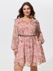 Paisley Print Tie Keyhole Neck Shirred Waist Mini Dress