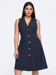 Lapel Collar Metal Button Front Sleeveless Mini Dress