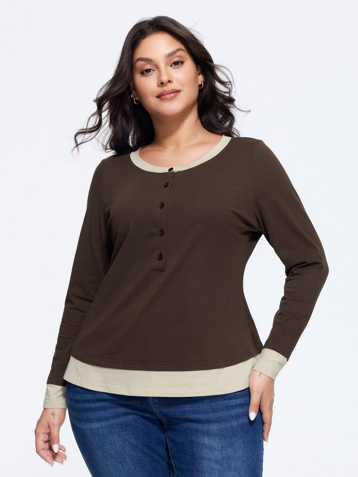 Cotton Stretch Button Placket Contrast Trim T-Shirt