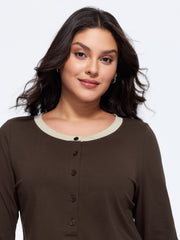 Cotton Stretch Button Placket Contrast Trim T-Shirt