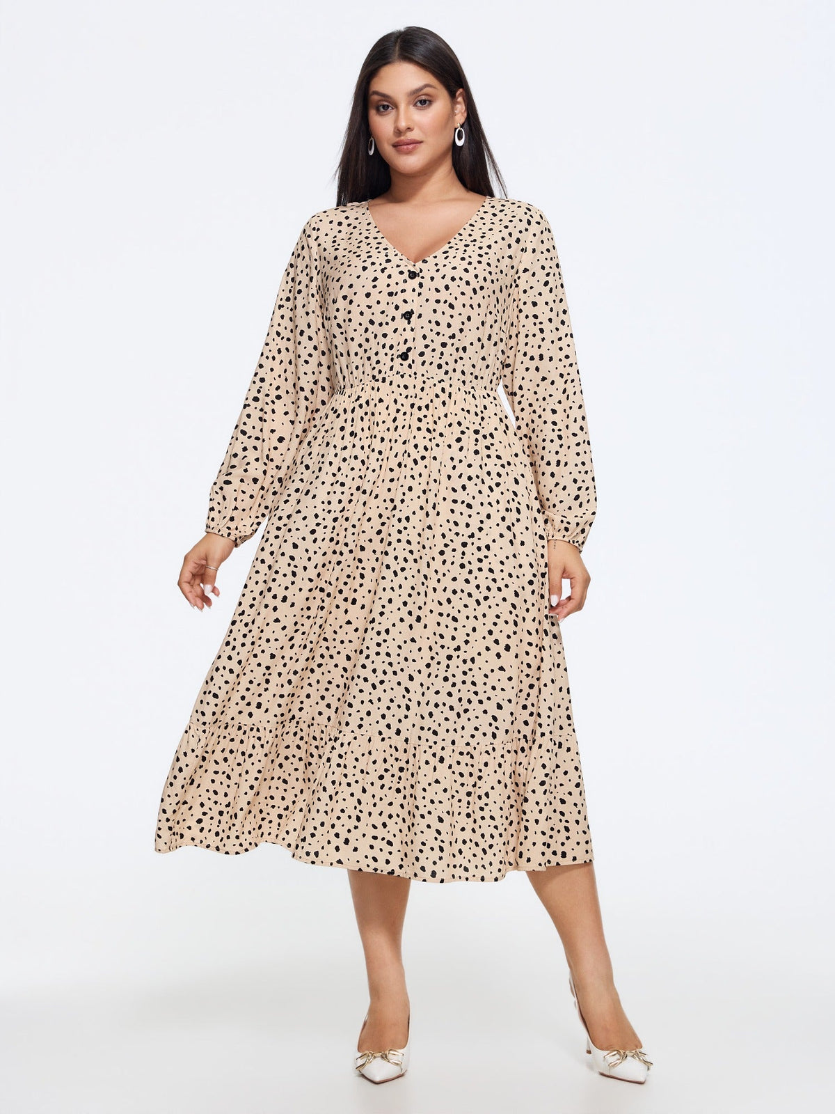 Leopard Print Button Detail Tiered Flowy Midi Dress
