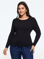 Round Neck Scalloped Wavy Hem Fitted Pullover