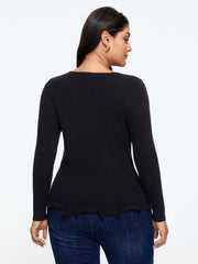 Round Neck Scalloped Wavy Hem Fitted Pullover