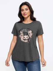 Stretch Heather Retro Cat On Pumpkin Print T-Shirt