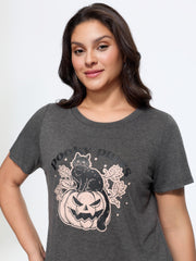 Stretch Heather Retro Cat On Pumpkin Print T-Shirt