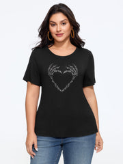 Rhinestone Skeleton Hand Heart Graphic T-Shirt