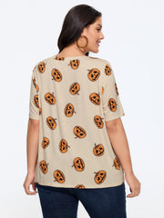 Stretch Pumpkin Print Crew Neck T‑Shirt